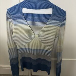 Elegant Blue and Yellow Striped V-Neck Sweater